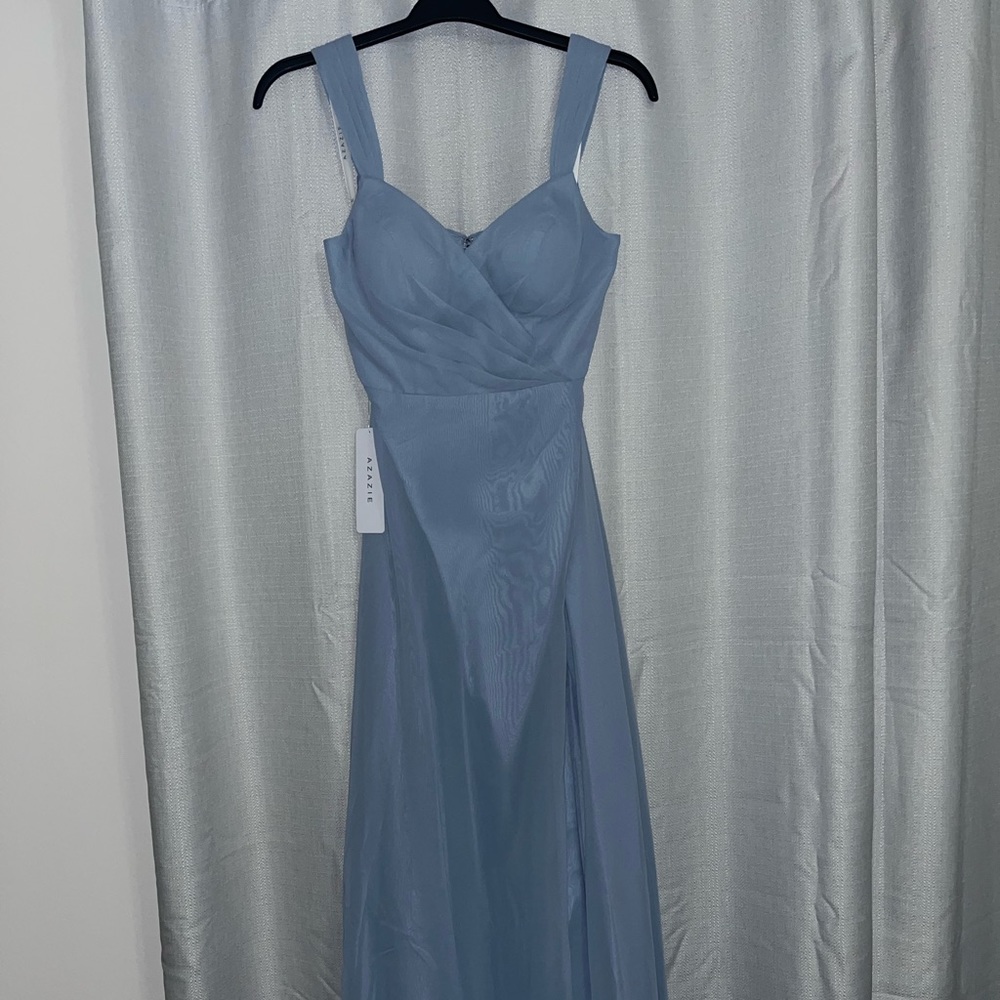 NEW.Azazie Bridesmaid dress. Dusty blue. Size 4.. NEVER altered. NEVER worn